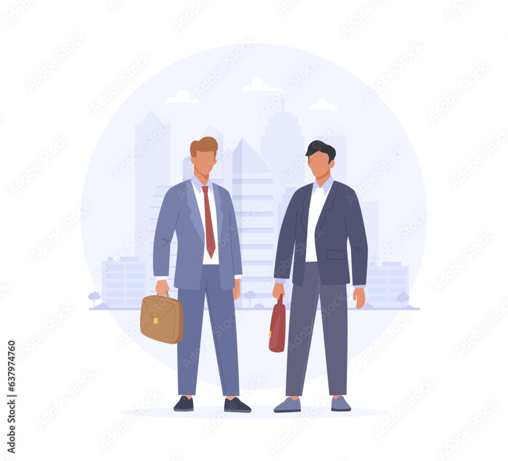 Business people in suits standing on the city background. Two male character holding briefcases