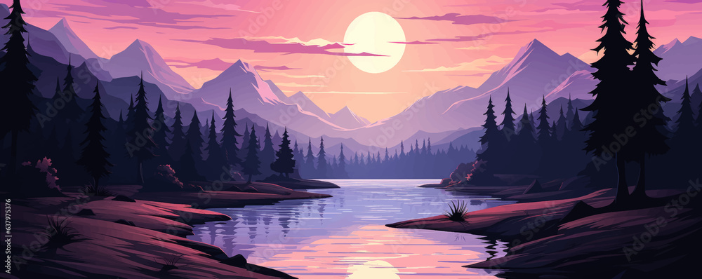 Lakeside view landscape with calm dusk purple light flat 2d vector illustration  - obrazy, fototapety, plakaty 