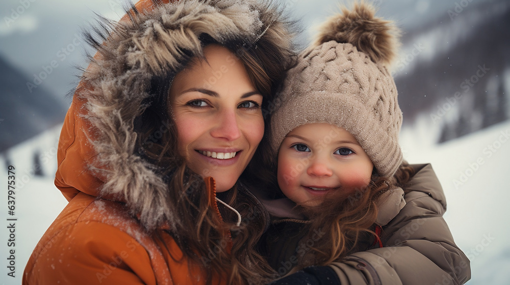 Mother with daughter smiling and wearing beanies and coast standing at a ski resort in winter clothes view of mountains and forest and snow in the background winter snow Christmas season Mother with daughter smiling and wearing beanies and coast standing at a ski resort in winter clothes view of mountains and forest and snow in the background winter snow Christmas season