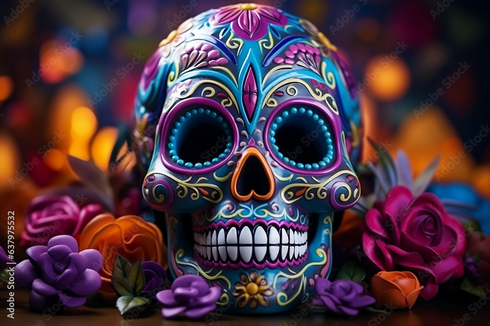 Vibrant Day of the Dead sugar skull with traditional calavera decoration celebrating Dia de los Muertos