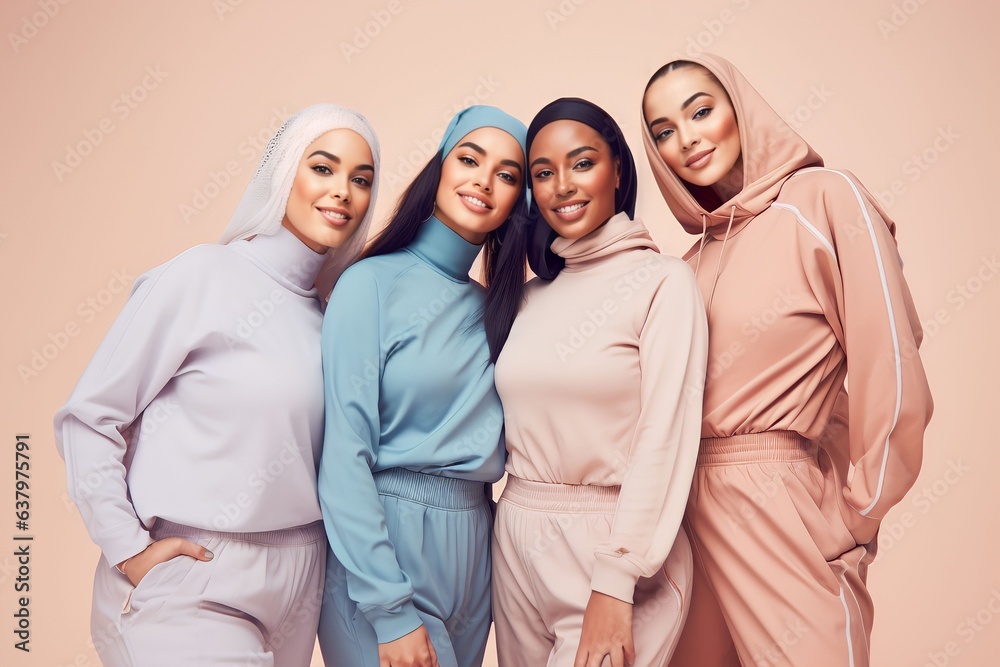 group of women of different sizes and various races standing together in tracksuits on a pastel color background