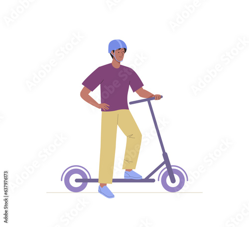 Young smiling man standing with electric scooter in helmet. Driving Eco transport. Sports outdoor activity