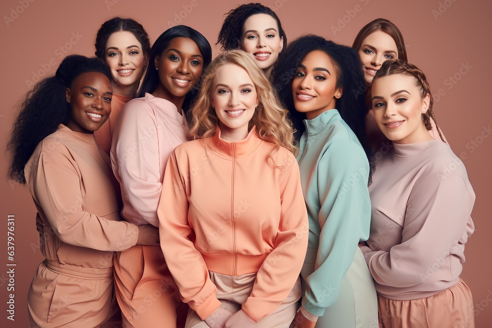 group of women of different sizes and various races standing together in tracksuits on a pastel color background group of women of different sizes and various races standing together in tracksuits on a pastel color background