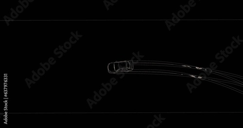 3D animation of sports car driving around in circles in black and white render