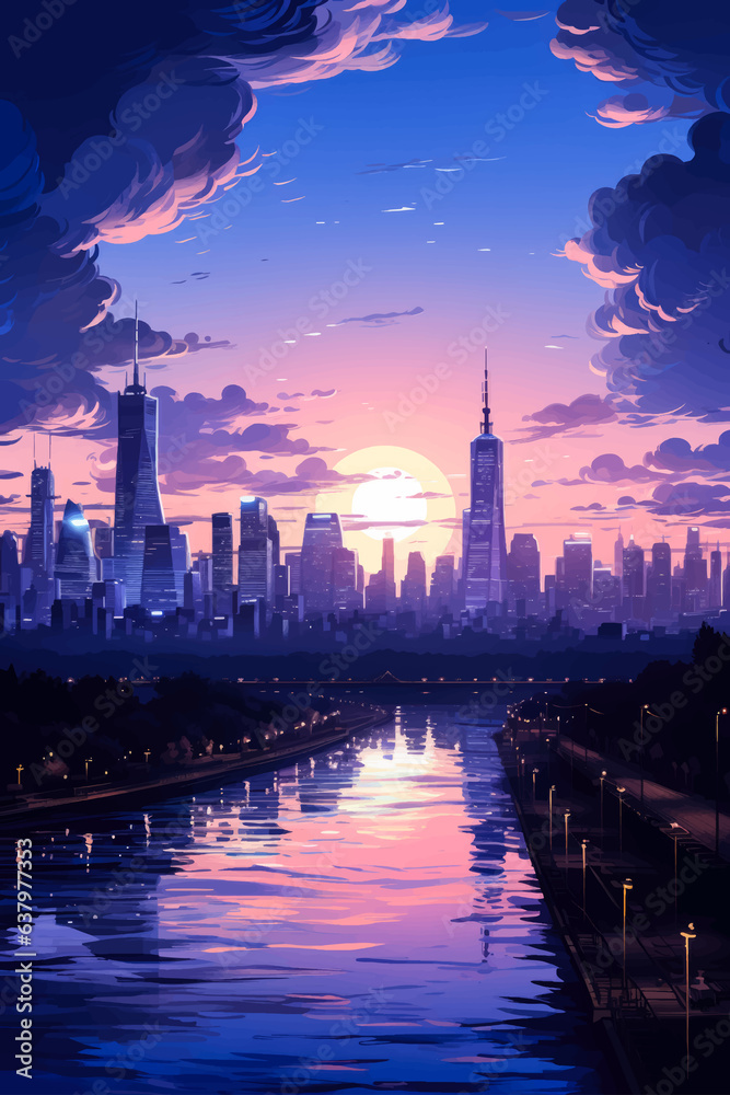 City skyline view landscape with twilight blue light flat 2d vector illustration 