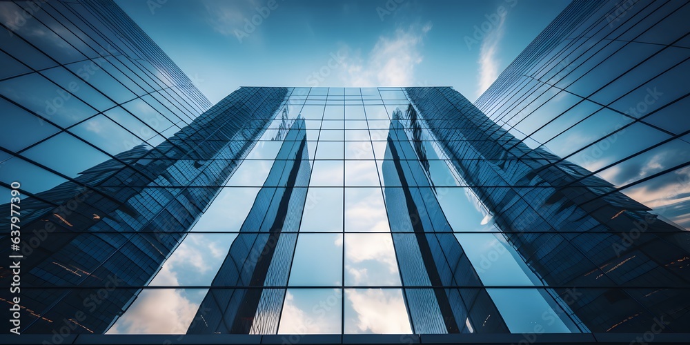 Obraz premium a tall building with a blue sky in the background, pexels contest winner, glass reflections, low angle 8k hd nature photo, on a dark background, three - point perspective, transparent background