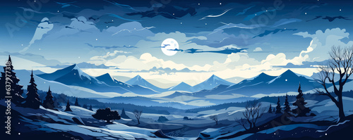 Snowy hill view landscape with clear moonlit night flat 2d vector illustration  © fotogurmespb