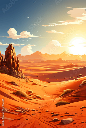 Desert dune view landscape with scorching midday light flat 2d vector illustration 