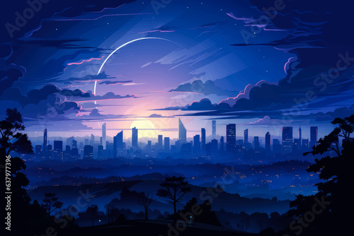 City skyline view landscape with twilight blue light flat 2d vector illustration 