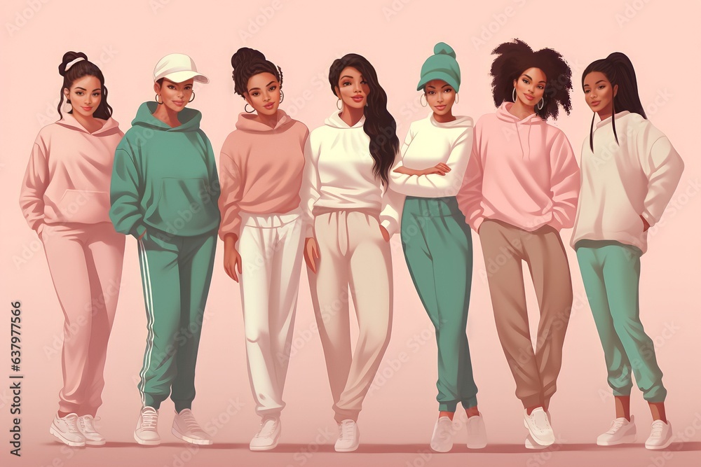 Fototapeta premium group of women various races standing together in tracksuits on a pastel color background