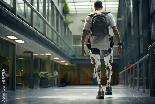 Person in with bionic legs prosthesis in hospital photo
