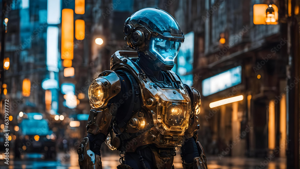 Portrait photo of a single transparent camo worn mechanical suit Portrait photo of a single transparent camo worn mechanical suit