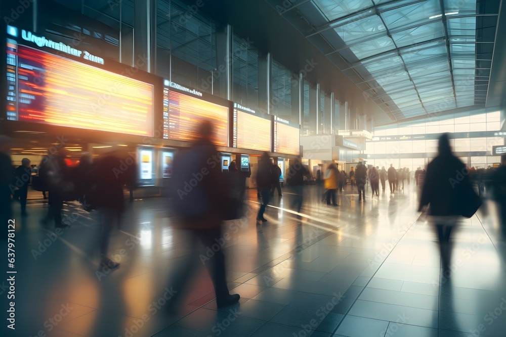 passengers at the airport, blurred motion, toned image. Generative AI