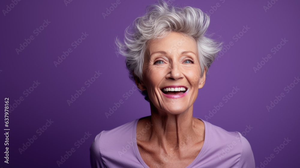 Middle-aged woman laughs against a blue background. Middle-aged woman laughs against a blue background.