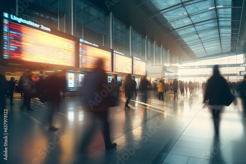 passengers at the airport, blurred motion, toned image. Generative AI