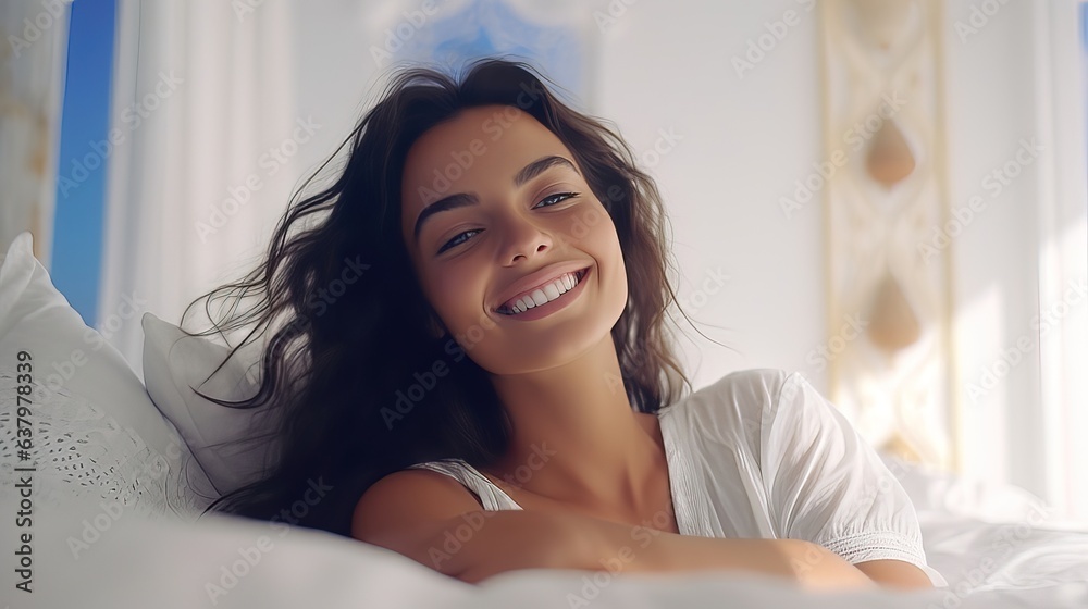 Portrait of a beautiful Moroccan girl in a white light oriental interior, bedroom. Portrait of a beautiful Moroccan girl in a white light oriental interior, bedroom.
