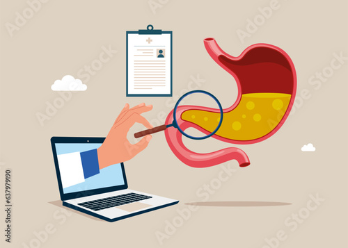 Doctor online examining checks stomach. Medicine, physiology and pharmacy research. Vector illustration.