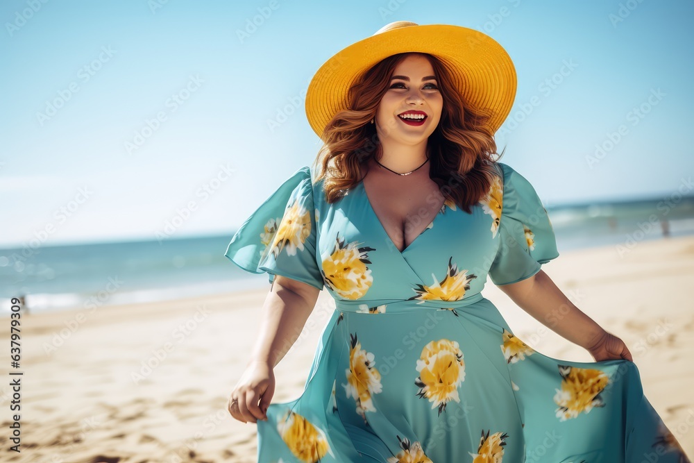 Plus sized young woman in summer two parts dress and hat