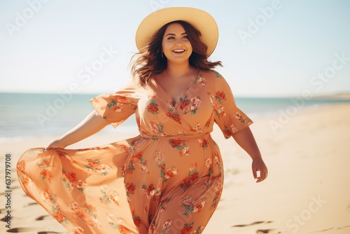 Plus sized young woman in summer two parts dress and hat photo