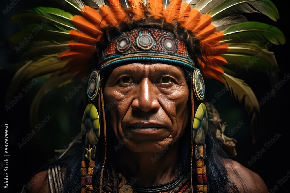 Portrait of a chief of an Amazon tribe dressed in ceremony