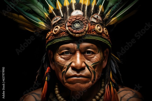 Portrait of a chief of an Amazon tribe dressed in ceremony © Celina