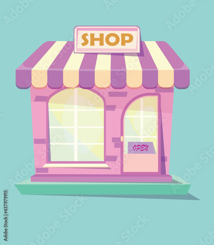 Cartoon house with the inscription shop and signboard open.