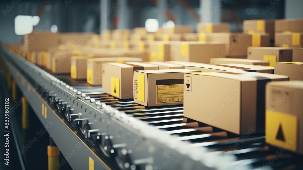 Multiple cardboard box packages seamlessly moving along a conveyor belt in a warehouse fulfillment center, a snapshot of e-commerce, delivery, automation and products. Generative AI Multiple cardboard box packages seamlessly moving along a conveyor belt in a warehouse fulfillment center, a snapshot of e-commerce, delivery, automation and products. Generative AI