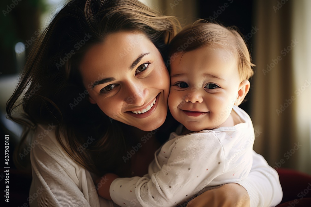 Portrait of a smiling loving mother with a cute happy baby