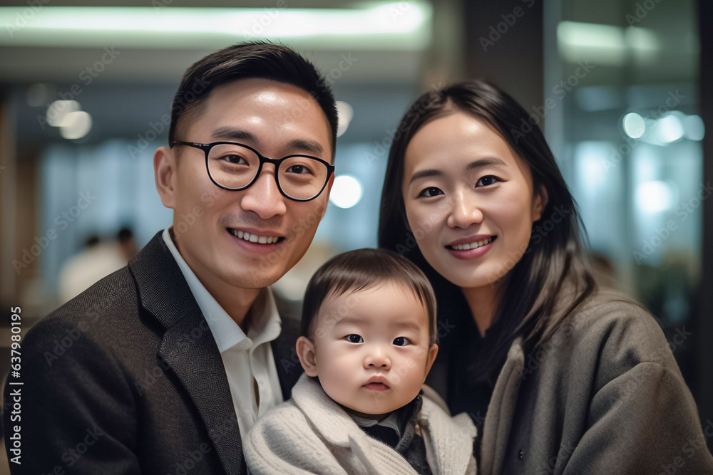 Within a modern business family's household, a couple donned in contemporary attire joyfully cradles their newborn exuding an atmosphere of happiness and unity. Generative AI. Within a modern business family's household, a couple donned in contemporary attire joyfully cradles their newborn exuding an atmosphere of happiness and unity. Generative AI.