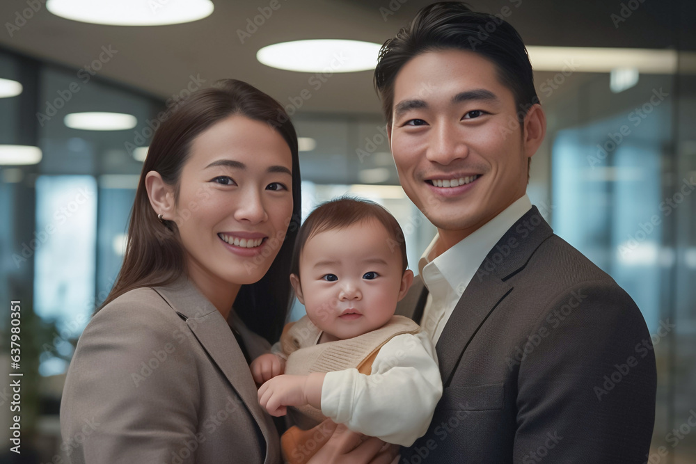 Within a modern business family's household, a couple donned in contemporary attire joyfully cradles their newborn exuding an atmosphere of happiness and unity. Generative AI. Within a modern business family's household, a couple donned in contemporary attire joyfully cradles their newborn exuding an atmosphere of happiness and unity. Generative AI.