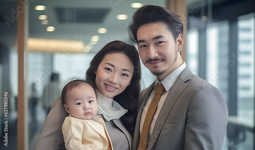 Within a modern business family\'s household, a couple donned in contemporary attire joyfully cradles their newborn  exuding an atmosphere of happiness and unity. Generative AI.