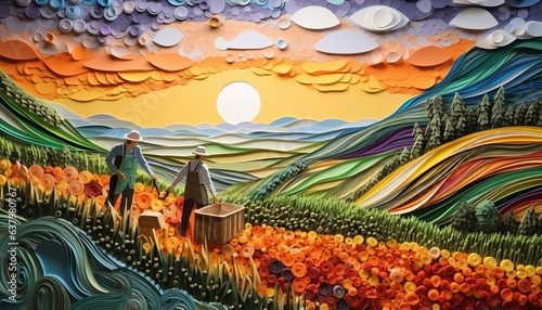 Quilling paper art of hardworking farmers plant crops in fields on colorful paper background photo