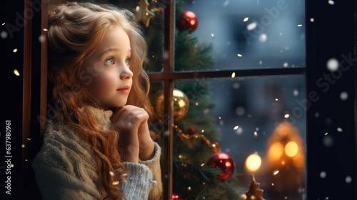 A little girl looking out a window at a christmas tree
