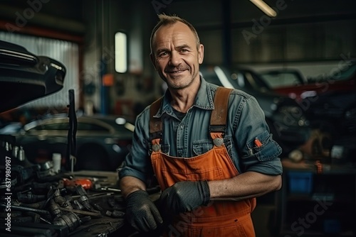 Fototapete Man repairing a car in auto repair shop
