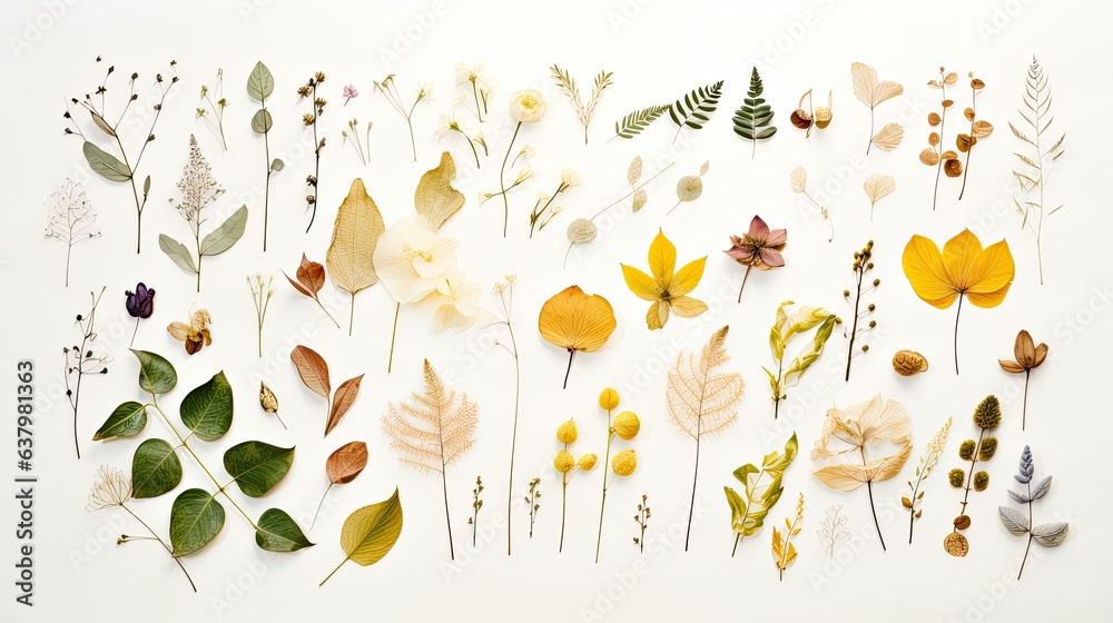 An artistic flat lay of pressed leaves, delicate twigs, and watercolor sketches, capturing the essence of nature's beauty - Generative ai