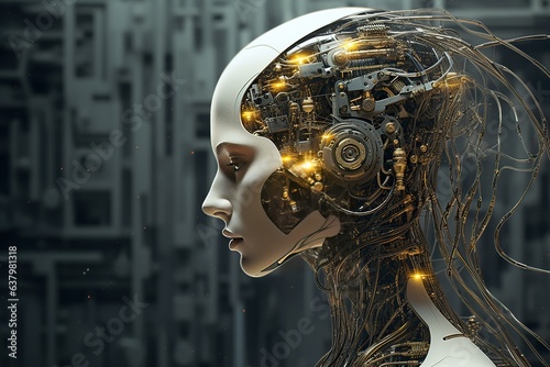 an illustration of a female robot in a futuristic style, light gold and white, human connections, mind bending murals