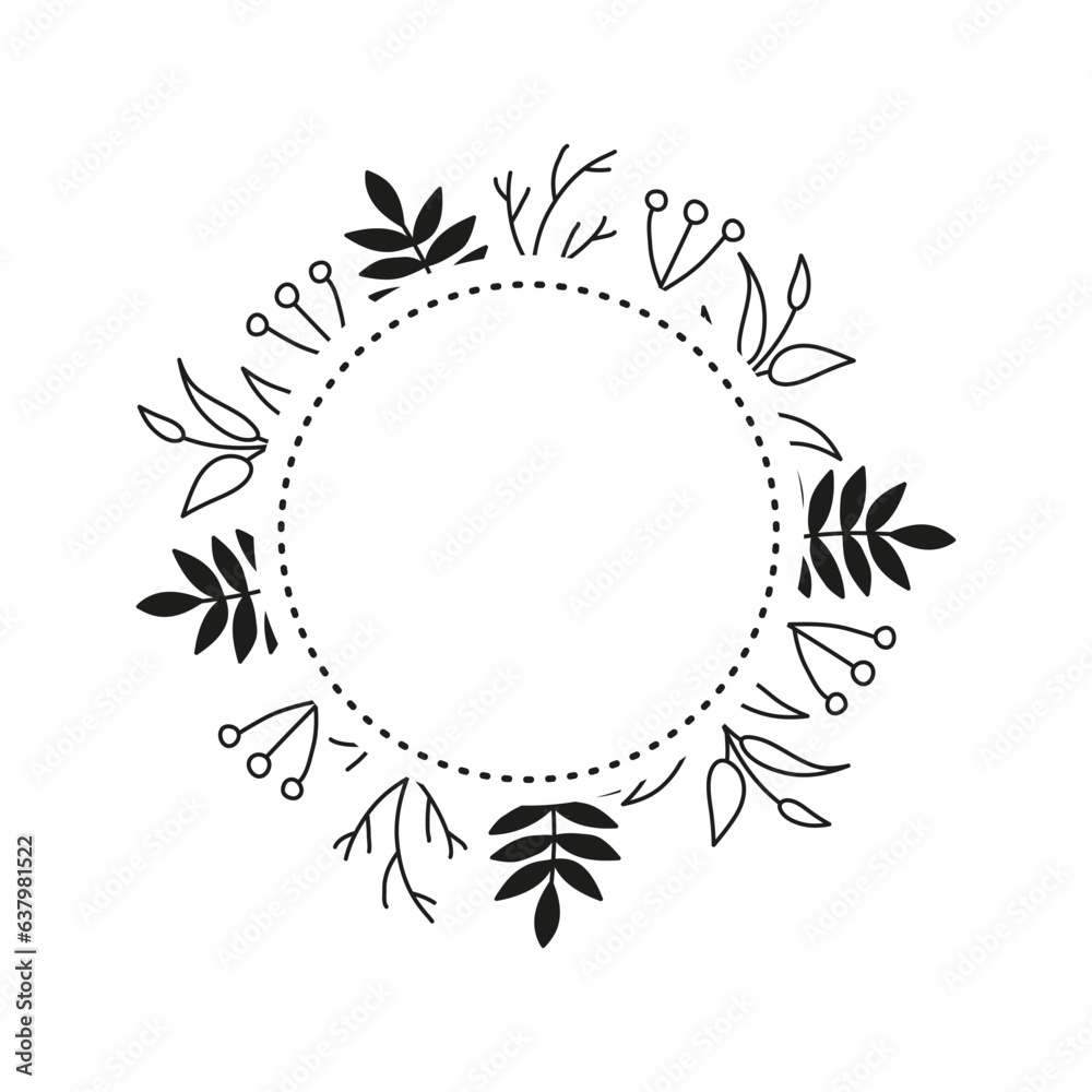 Round wreath with doodle leafy twigs, wild herbs, plants, berries. Round wreath with doodle leafy twigs, wild herbs, plants, berries.