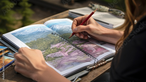 Nature Journaling: A close-up of a camper's hands, holding a sketchbook and colored pencils