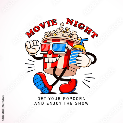 Popcorn cartoon mascot going to the movies. Perfect for logos, mascots, t-shirts, stickers and posters