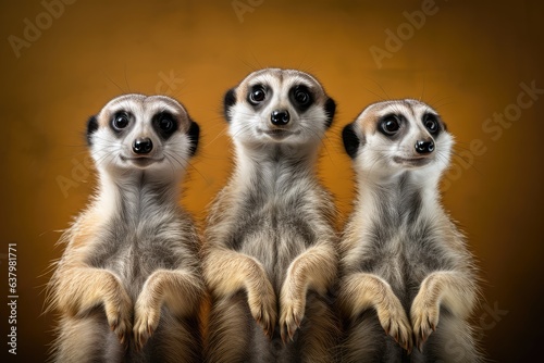 Portrait of three meerkats standing and looking