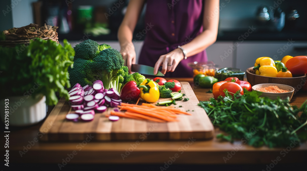 Woman is making a meal out of fresh vegetables lying on wooden chopping board
