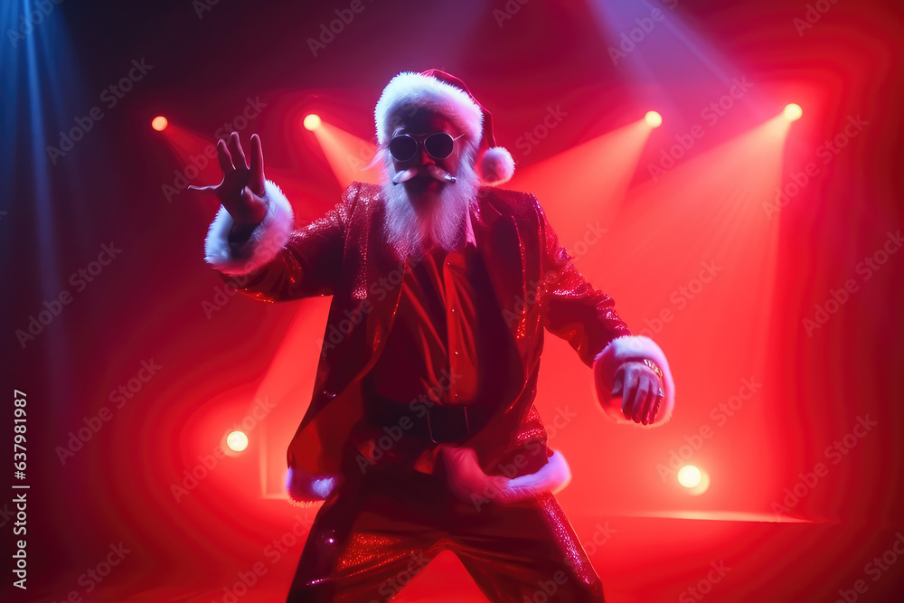 A real Santa Claus in a red sut and a Santa hat is looking at the room and laughing. Santa Claus himself is dancing on a bar stage, neon light Generative AI. A real Santa Claus in a red sut and a Santa hat is looking at the room and laughing. Santa Claus himself is dancing on a bar stage, neon light Generative AI.