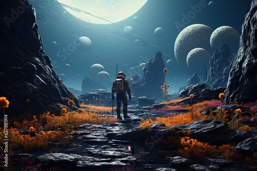 An alien landscape with floating rocks and plants, with a single astronaut exploring the scene photo