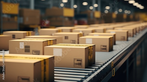 Multiple cardboard box packages seamlessly moving along a conveyor belt in a warehouse fulfillment center, a snapshot of e-commerce, delivery, automation and products. Generative AI © piai