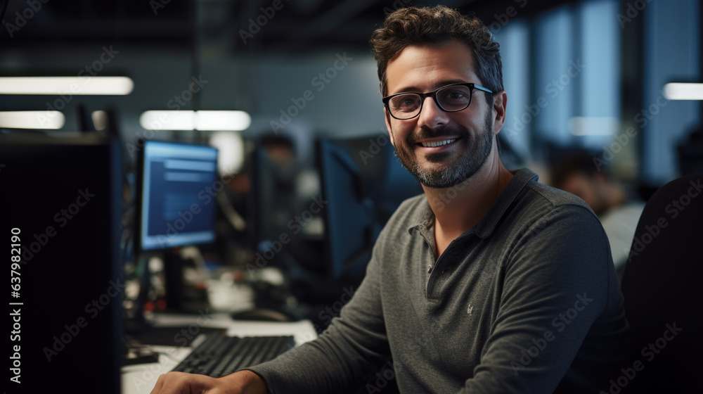 Fototapeta premium Cheerful programmer man wearing eyeglasses working with computers in office.
