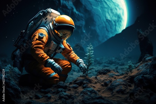 Astronaut growing plant, agriculture and farming on alien planet