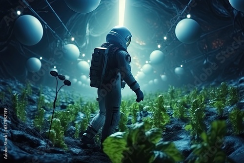 Astronaut growing plant, agriculture and farming on alien planet photo