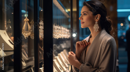 Young woman looks at a jewelry display case