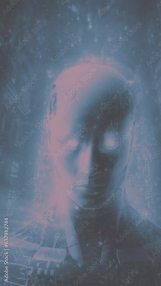 Robot face artificial intelligence in motion with blue light effected. for mobile application background. 9:16 4K vdo. Robot face artificial intelligence in motion with blue light effected. for mobile application background. 9:16 4K vdo.