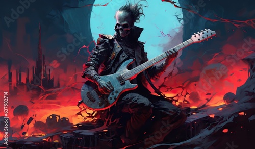 dragon age chronicles prequels, psychedelic rock guitarist, dark black and sky blue, concert poster, skeletal photo